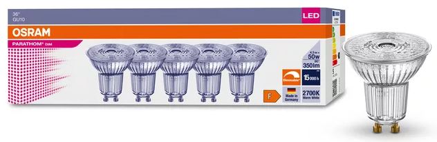 P16L4.5WF92D5-OS - 240v 4.5w Dimmable LED GU10 927 36deg 350lm (5 Pack)