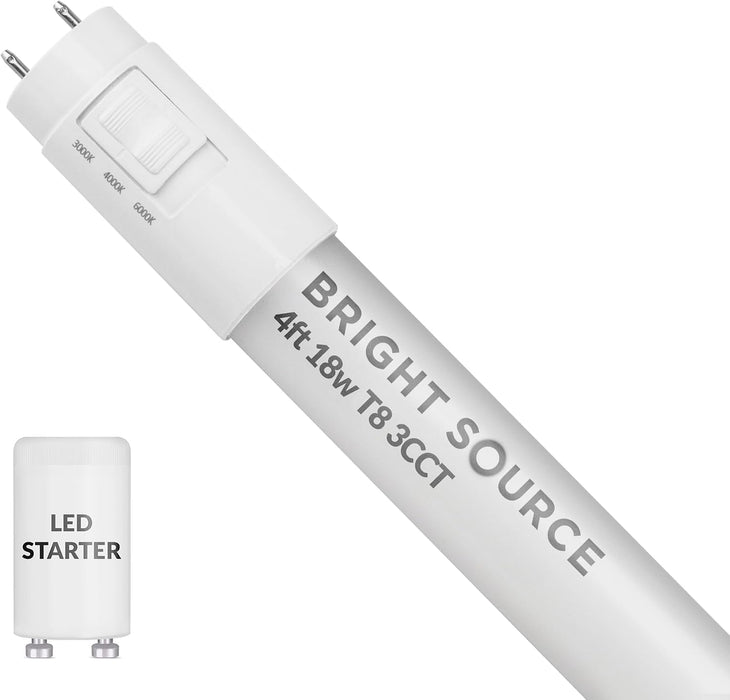 Bright Source LED 4FT T8 Tube, 3CCT Colour Switchable 3000K 4000K 6000K, 4ft (1200mm), 18W, 2340lm, 36w T8 Fluorescent Equiv., Starter Included, use with Direct Mains or Fitting with Magnetic Ballast