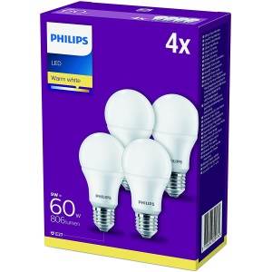 240v 9-60W LED GLS E27 2700k 806lm Frosted/ Opal Non Dimmable 4 pack - Philips - 82997400